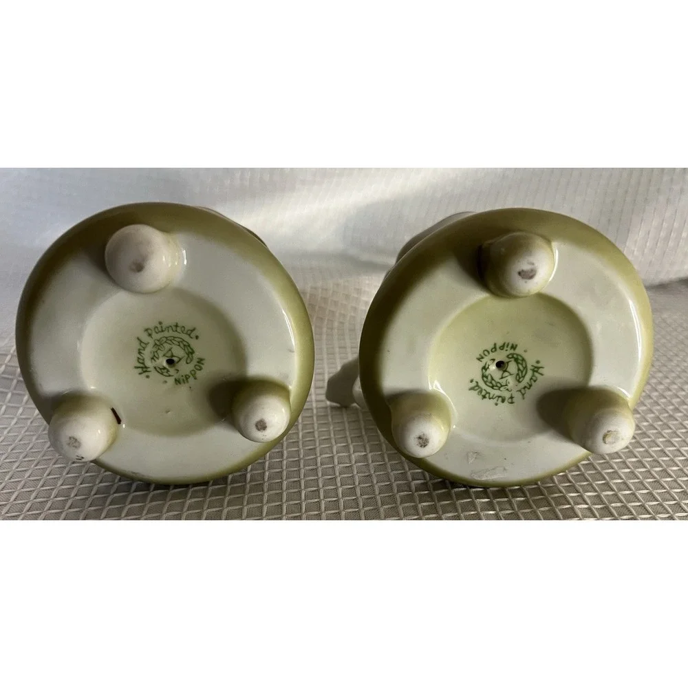 Vtg Nippon Hand Painted Porcelain Floral Candlesticks Pair Light Green Pink Gold